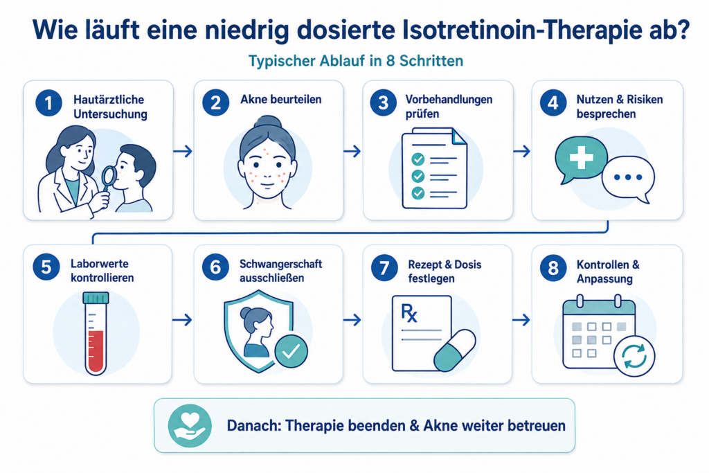 Infografik: Ablauf einer niedrig dosierten Isotretinoin-Therapie in 8 Schritten von der Untersuchung bis zur Kontrolle