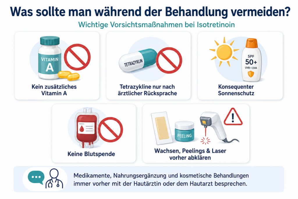 Infografik: Vorsichtsmaßnahmen während der Ciscutan-Behandlung – kein Vitamin A, Sonnenschutz, keine Blutspende