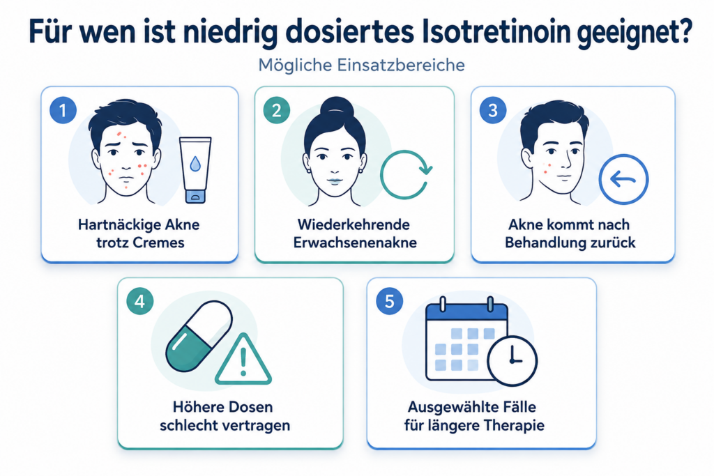 Infografik: Für wen niedrig dosiertes Isotretinoin geeignet ist – von hartnäckiger Akne bis zur längeren Therapie